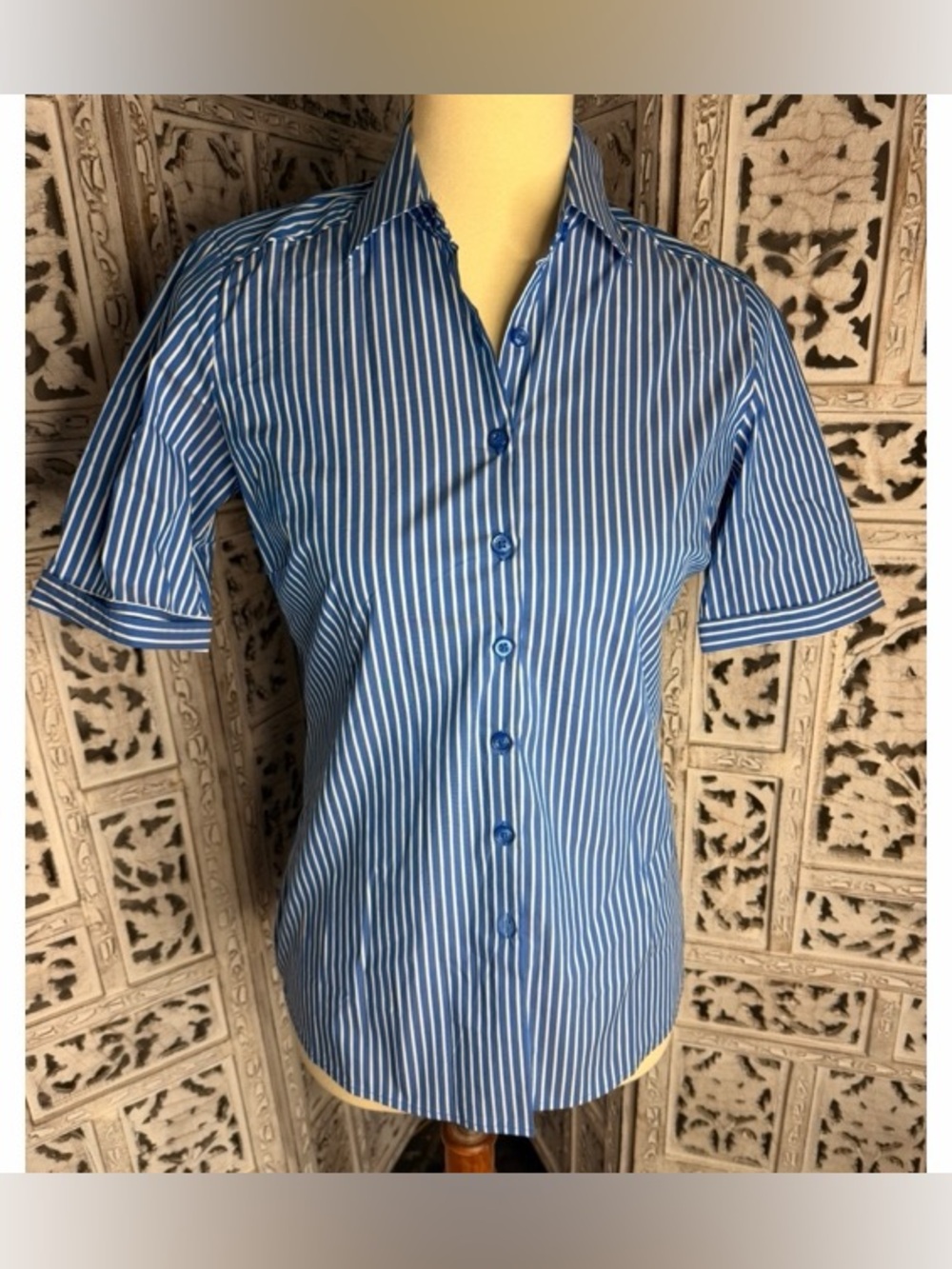 Women's Blue and White Vertical Stripe Button-Down Shirt